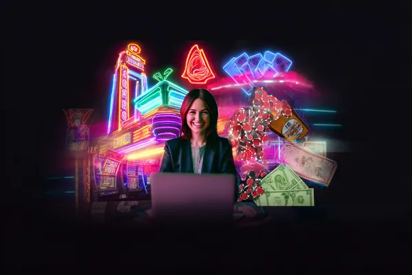 A woman in a luxurious green gown next to an ornate roulette wheel, capturing the upscale casino mood of SPINARA.